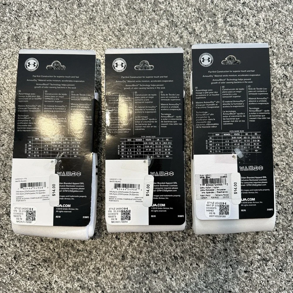 Under Armour Hockey Socks Youth Large White Lot of 3 Pairs UA OTC Kids 13.5-4Y